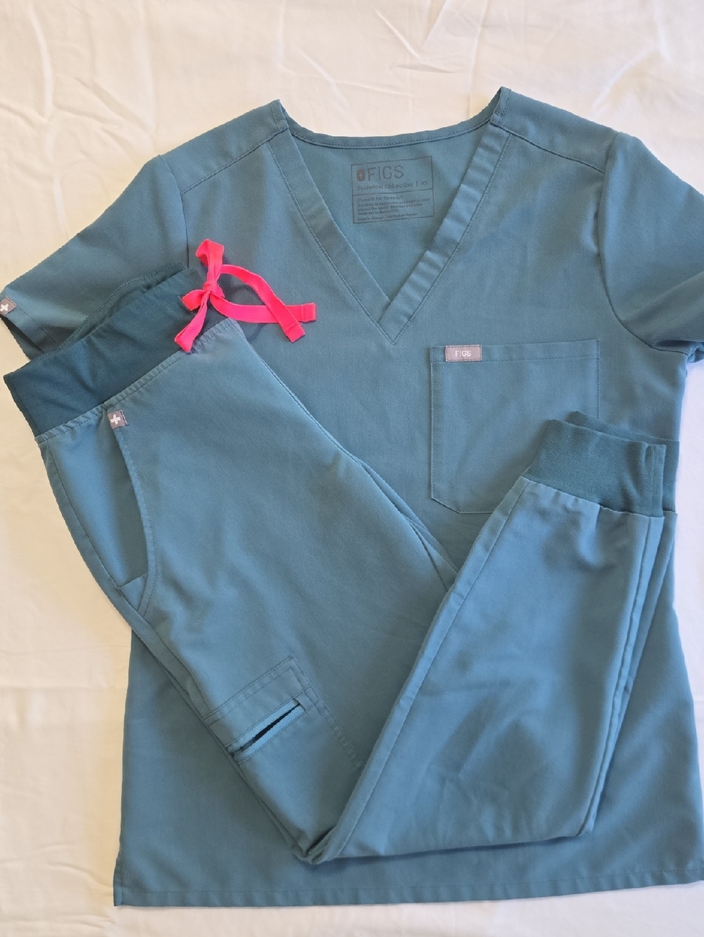 Figs Teal Scrub Top and Pants with Pink Drawstring
